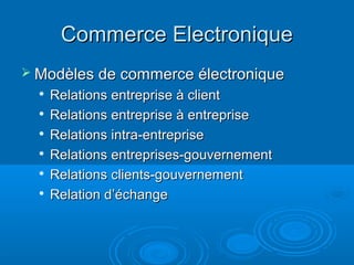 Commerce Electronique
 Modèles de commerce électronique
  
      Relations entreprise à client
     Relations entreprise à entreprise
     Relations intra-entreprise
  
      Relations entreprises-gouvernement
     Relations clients-gouvernement
  
      Relation d’échange
 