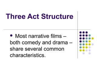 Three Act Structure
 Most narrative films –
both comedy and drama –
share several common
characteristics.
 