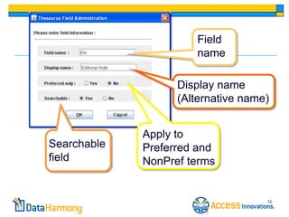 Field
                      name

                   Display name
                   (Alternative name)


             Apply to
Searchable   Preferred and
field        NonPref terms


                                    12
 