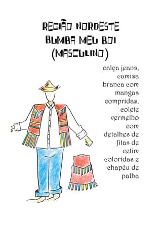 REGIÃO NORDESTE
Bumba meu boi
(masculino)
calça jeans,
camisa
branca com
mangas
compridas,
colete
vermelho
com
detalhes de
fitas de
cetim
coloridas e
chapéu de
palha

 