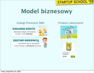 Model biznesowy
                    Usługi Premium SMS   Product placement




Friday, September 25, 2009
 