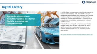 Digital Factory
Ajudando a indústria de
manufatura global a se tornar
digital e aumentar sua
competitividade
A Divisão Digital Factory oferece um portfólio abrangente de
hardware, software (PLM, ALM, MES/MOM) e serviços
baseados em alta tecnologia, todos integrados para ajudar a
indústria a atingir um novo estágio de competitividade,
baseado em aumento de produtividade e customização da
produção, dois conceitos que, antes, pareciam andar em
sentidos opostos.
O objetivo final é a integração completa e representação
digital da cadeia física de valor. Este modelo de “fábrica
digital” deixou de ser mera perspectiva para se tornar
realidade, e a Siemens foi uma das empresas pioneiras
neste campo.
http://www.siemens.com/businesses/br/pt/digital-factory.htm
 