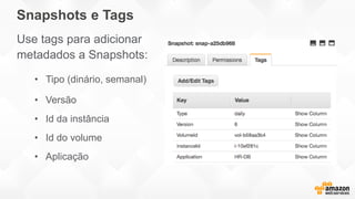 Snapshots e Tags
Use tags para adicionar
metadados a Snapshots:
• Tipo (dinário, semanal)
• Versão
• Id da instância
• Id do volume
• Aplicação
 