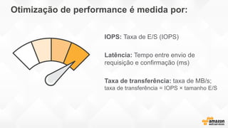 Otimização de performance é medida por:
IOPS: Taxa de E/S (IOPS)
Latência: Tempo entre envio de
requisição e confirmação (ms)
Taxa de transferência: taxa de MB/s;
taxa de transferência = IOPS × tamanho E/S
 