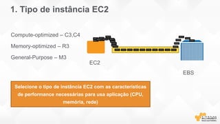 1. Tipo de instância EC2
Compute-optimized – C3,C4
Memory-optimized – R3
General-Purpose – M3
EBS
EC2
Selecione o tipo de instância EC2 com as características
de performance necessárias para usa aplicação (CPU,
memória, rede)
 