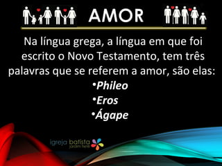 Na língua grega, a língua em que foi
escrito o Novo Testamento, tem três
palavras que se referem a amor, são elas:
•Phileo.
•Eros... .
•Ágape..
 