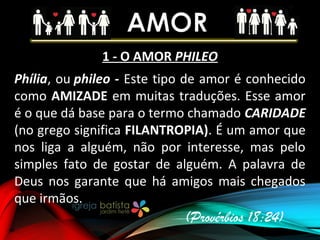 1 - O AMOR PHILEO
Phília, ou phileo - Este tipo de amor é conhecido
como AMIZADE em muitas traduções. Esse amor
é o que dá base para o termo chamado CARIDADE
(no grego significa FILANTROPIA). É um amor que
nos liga a alguém, não por interesse, mas pelo
simples fato de gostar de alguém. A palavra de
Deus nos garante que há amigos mais chegados
que irmãos.
(Provérbios 18:24)
 