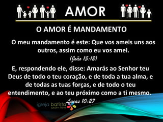 O AMOR É MANDAMENTO
O meu mandamento é este: Que vos ameis uns aos
outros, assim como eu vos amei.
(João 15:12)
E, respondendo ele, disse: Amarás ao Senhor teu
Deus de todo o teu coração, e de toda a tua alma, e
de todas as tuas forças, e de todo o teu
entendimento, e ao teu próximo como a ti mesmo.
Lucas 10:27
 