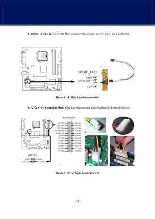 5. Dijital Audio Konnektör: Bu konnektörler, dijital seslerin çıkışı için kullanılır.




                       Resim 1.14: Dijital audio konnektör


6. ATX Güç Konnektörleri: Güç kaynağının ana karta bağlandığı konnektörlerdir.




                       Resim 1.15: ATX güç konnektörleri




                                       13
 