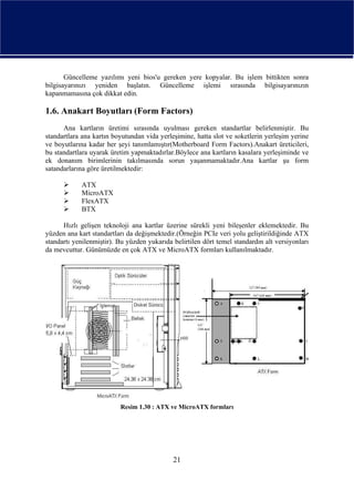 Güncelleme yazılımı yeni bios'u gereken yere kopyalar. Bu işlem bittikten sonra
bilgisayarınızı yeniden başlatın. Güncelleme işlemi sırasında bilgisayarınızın
kapanmamasına çok dikkat edin.

1.6. Anakart Boyutları (Form Factors)
      Ana kartların üretimi sırasında uyulması gereken standartlar belirlenmiştir. Bu
standartlara ana kartın boyutundan vida yerleşimine, hatta slot ve soketlerin yerleşim yerine
ve boyutlarına kadar her şeyi tanımlamıştır(Motherboard Form Factors).Anakart üreticileri,
bu standartlara uyarak üretim yapmaktadırlar.Böylece ana kartların kasalara yerleşiminde ve
ek donanım birimlerinin takılmasında sorun yaşanmamaktadır.Ana kartlar şu form
satandarlarına göre üretilmektedir:

            ATX
            MicroATX
            FlexATX
            BTX

      Hızlı gelişen teknoloji ana kartlar üzerine sürekli yeni bileşenler eklemektedir. Bu
yüzden ana kart standartları da değişmektedir.(Örneğin PCIe veri yolu geliştirildiğinde ATX
standartı yenilenmiştir). Bu yüzden yukarıda belirtilen dört temel standardın alt versiyonları
da mevcuttur. Günümüzde en çok ATX ve MicroATX formları kullanılmaktadır.




                          Resim 1.30 : ATX ve MicroATX formları




                                             21
 