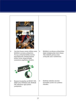 Ana kartı kasaya monte ettikten sonra        Bellekleri yuvalarına yerleştirirken
bellekleri yuvasına yerleştiriniz.           doğru tuttuğunuzdan emin olunuz.
Yuvaya yerleştirip hafifçe üzerine           Aksi takdirde girmiyor diye
bastırdığınızda yanlarda bulunan             zorlayarak zarar verebilirsiniz.
kilitler yerine oturup belleğin
oynamasını engellemiş olacaktır.




Kasanın ön paneline ait RESET SW,            Kabloları takarken ana kart
HDD LED, POWER LED, POWER                    üzerindeki yazılar size yardımcı
SW kablolarını ilgili pinlere                olacaktır.
yerleştiriniz.




                                        27
 