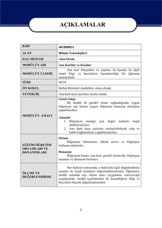 AÇIKLAMALAR

                 AÇIKLAMALAR
KOD              481BB0011
ALAN             Bilişim Teknolojileri
DAL/MESLEK       Alan Ortak
MODÜLÜN ADI      Ana Kartlar ve Kasalar
                       Ana kart bileşenleri ve yapıları ile kasalar ile ilgili
MODÜLÜN TANIMI   temel bilgi ve becerilerin kazandırıldığı bir öğrenme
                 materyalidir.
SÜRE             40/24
ÖN KOŞUL         Bellek Birimleri modülünü almış olmak.
YETERLİK         Ana kartı kasa içerisine monte etmek.
                 Genel Amaç
                        Bu modül ile gerekli ortam sağlandığında; uygun
                 bilgisayar ana kartını uygun bilgisayar kasasına montajını
                 yapabilecektir.
MODÜLÜN AMACI
                 Amaçlar
                   1. Bilgisayar montajı için doğru anakartı tespit
                       edebileceksiniz.
                   2. Ana kartı kasa içerisine yerleştirebilecek vida ve
                       kablo bağlantılarını yapabileceksiniz.
                 Ortam
                       Bilgisayar laboratuarı, teknik servis ve bilgisayar
EĞİTİM ÖĞRETİM   kullanan işletmeler.
ORTAMLARI VE
DONANIMLARI      Donanım
                       Bilgisayar kasası, ana kart, gerekli tornavida, bilgisayar
                 masaları ve donanım birimleri.

                       Her faaliyet sonrasında, o faaliyetle ilgili değerlendirme
                 soruları ile kendi kendinizi değerlendireceksiniz. Öğretmen,
ÖLÇME VE
                 modül sonunda size ölçme aracı (uygulama, soru-cevap)
DEĞERLENDİRME
                 uygulayarak; modül uygulamaları ile kazandığınız bilgi ve
                 becerileri ölçerek değerlendirecektir.




                                 ii
 