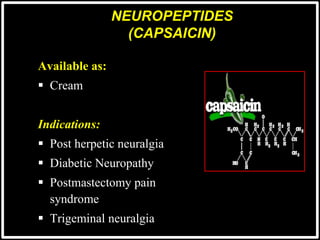 NEUROPEPTIDES
(CAPSAICIN)
Available as:
 Cream
Indications:
 Post herpetic neuralgia
 Diabetic Neuropathy
 Postmastectomy pain
syndrome
 Trigeminal neuralgia
 