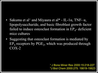• Sakuma et al+ and Miyaura et al* - IL-1α, TNF- α,
lipopolysaccharide, and basic fibroblast growth factor
failed to induce osteoclast formation in EP4- deficient
mice cultures
• Suggesting that osteoclast formation is mediated by
EP4 receptors by PGE2, which was produced through
COX-2
+ J Bone Miner Res 2000:15:218-227
*J Biol Chem 2000:275: 19819-19823
 