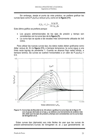 ESCUELA POLITÉCNICA NACIONAL
                                 Ingeniería en Petróleos



      Sin embargo, desde el punto de vista práctico, se prefiere graficar las
curvas tipos como P’D(tD/CD) versus tD/CD como en la figura (11).

                                                     t p ' kh
                                PD t D / C D  
                                 '

                                                    141.2q sc 
Este último gráfico se prefiere porque:

       Los grupos adimensionales de los ejes de presión y tiempo son
        consistentes con la curva tipo de la figura (7).
       La curva tipo se ajusta a las escalas más comúnmente utilizada de 3x5
        ciclos.

    Para utilizar las nuevas curvas tipo, los datos reales deben graficarse como
ΔtΔp’ versus Δt. En la figura (11), a tiempos tempranos, la curva sigue a una
línea recta log-log de pendiente 1. Cuando se alcanza flujo radial infinito, a
tiempos tardíos, las curvas se vuelven horizontales a un valor de P ’D(tD/CD) =
0.5.




Figura 11. Curva tipo de Bourdet et al. Al volver a graficar la curva tipo de la figura 10
           con el grupo derivada en el eje y, se obtiene una herramienta de análisis más
           útil, dado que los ejes de presión y tiempo son consistentes con la curva tipo
           de Gringarten et al.



  Estas curvas tipo (derivada) son más fáciles de usar que las curvas de
presión adimensional ( Curvas de Gringarten et. al . ) que generalmente se



Prueba de Pozos                                                                         21
 