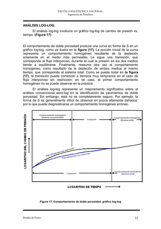 ESCUELA POLITÉCNICA NACIONAL
                                 Ingeniería en Petróleos



ANÁLISIS LOG-LOG.
      El análisis log-log involucra un gráfico log-log de cambio de presión vs.
tiempo. (Figura 17).


El comportamiento de doble porosidad produce una curva en forma de S en un
gráfico log-log, como se ilustra en la figura (17). La porción inicial de la curva
representa un comportamiento homogéneo resultante de la depleción
solamente en el medio más permeable. Le sigue una transición, que
corresponde al flujo interporoso, durante el cual la presión en los dos medios
tiende a equilibrarse. Finalmente, reasume otra vez el comportamiento
homogéneo, como resultado de la depleción de ambos medios al mismo
tiempo, que corresponde al sistema total. Como se puede notar en la figura
(17), la transición puede comenzar a tiempos muy tempranos en el caso de
flujo interporoso sin restricción; en tal caso, el primer comportamiento
homogéneo no se puede observar en la práctica.
       El análisis log-log representa un mejoramiento significativo sobre el
análisis convencional semi-log en la identificación de yacimientos de doble
porosidad. Sin embargo, éste no es completamente seguro. Por ejemplo, la
forma de S es generalmente difícil de observar en pozos altamente dañados;
por lo que puede diagnosticarse un comportamiento homogéneo erróneo.




              Figura 17. Comportamiento de doble porosidad: gráfico log-log




Prueba de Pozos                                                                33
 