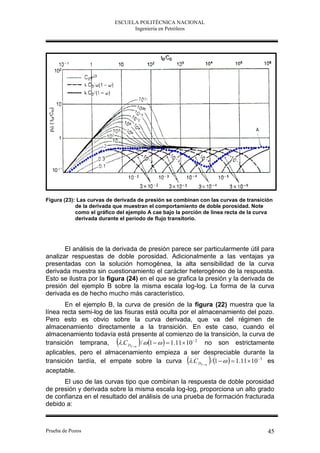 ESCUELA POLITÉCNICA NACIONAL
                                Ingeniería en Petróleos




Figura (23): Las curvas de derivada de presión se combinan con las curvas de transición
            de la derivada que muestran el comportamiento de doble porosidad. Note
            como el gráfico del ejemplo A cae bajo la porción de línea recta de la curva
            derivada durante el periodo de flujo transitorio.




       El análisis de la derivada de presión parece ser particularmente útil para
analizar respuestas de doble porosidad. Adicionalmente a las ventajas ya
presentadas con la solución homogénea, la alta sensibilidad de la curva
derivada muestra sin cuestionamiento el carácter heterogéneo de la respuesta.
Esto se ilustra por la figura (24) en el que se grafica la presión y la derivada de
presión del ejemplo B sobre la misma escala log-log. La forma de la curva
derivada es de hecho mucho más característico.
       En el ejemplo B, la curva de presión de la figura (22) muestra que la
línea recta semi-log de las fisuras está oculta por el almacenamiento del pozo.
Pero esto es obvio sobre la curva derivada, que va del régimen de
almacenamiento directamente a la transición. En este caso, cuando el
almacenamiento todavía está presente al comienzo de la transición, la curva de
                                  
transición temprana, .C DF  m /  1     1.11  10  2 no son estrictamente
aplicables, pero el almacenamiento empieza a ser despreciable durante la
                                                              
transición tardía, el empate sobre la curva .C DF  m / 1     1.11  10 3 es
aceptable.
      El uso de las curvas tipo que combinan la respuesta de doble porosidad
de presión y derivada sobre la misma escala log-log, proporciona un alto grado
de confianza en el resultado del análisis de una prueba de formación fracturada
debido a:



Prueba de Pozos                                                                       45
 