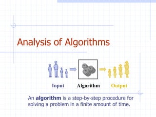Analysis of Algorithms
Algorithm
Input Output
An algorithm is a step-by-step procedure for
solving a problem in a finite amount of time.
 