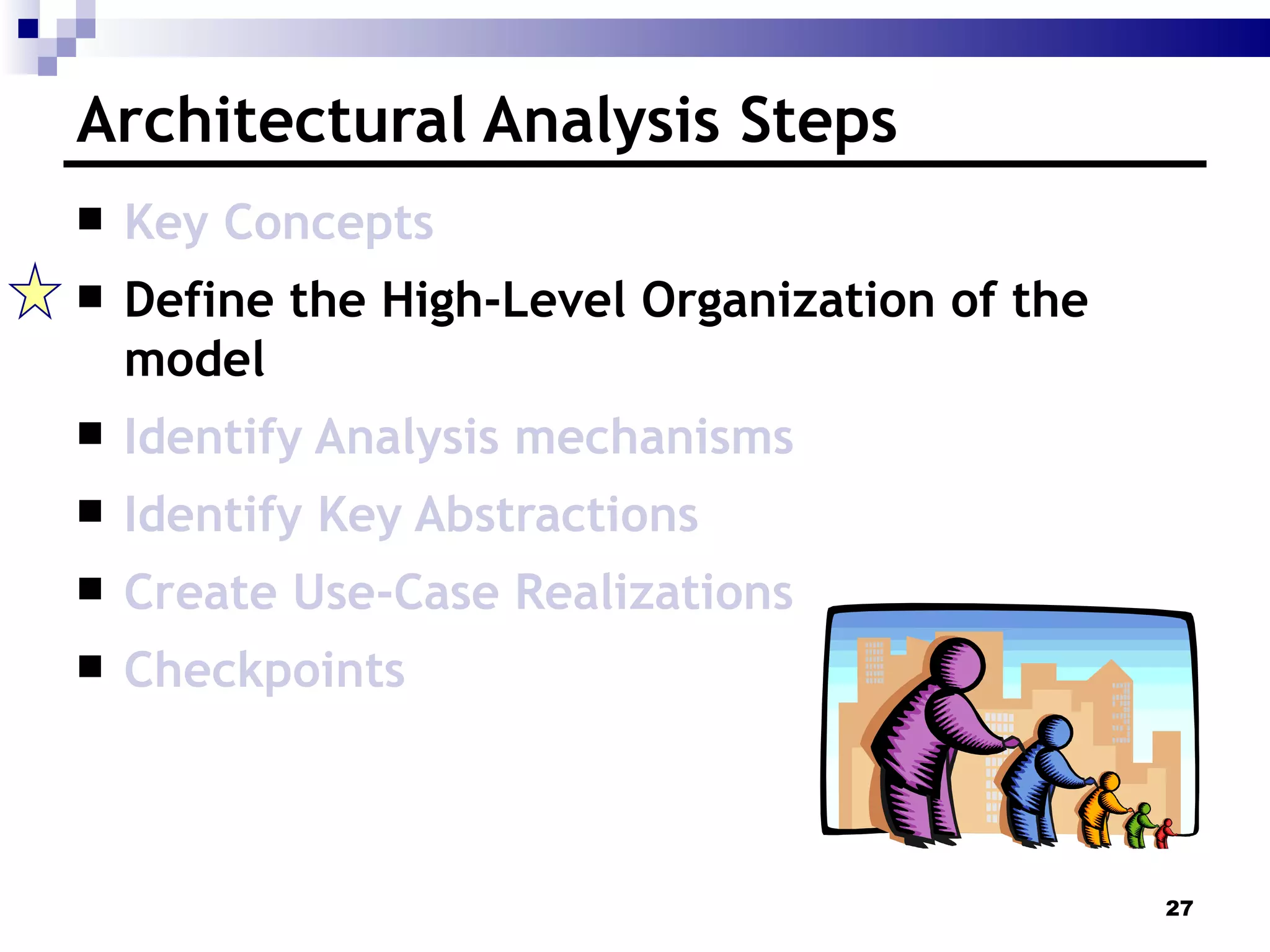 Architectural Analysis Steps Key Concepts Define the High-Level Organization of the model Identify Analysis mechanisms Identify Key Abstractions Create Use-Case Realizations Checkpoints 