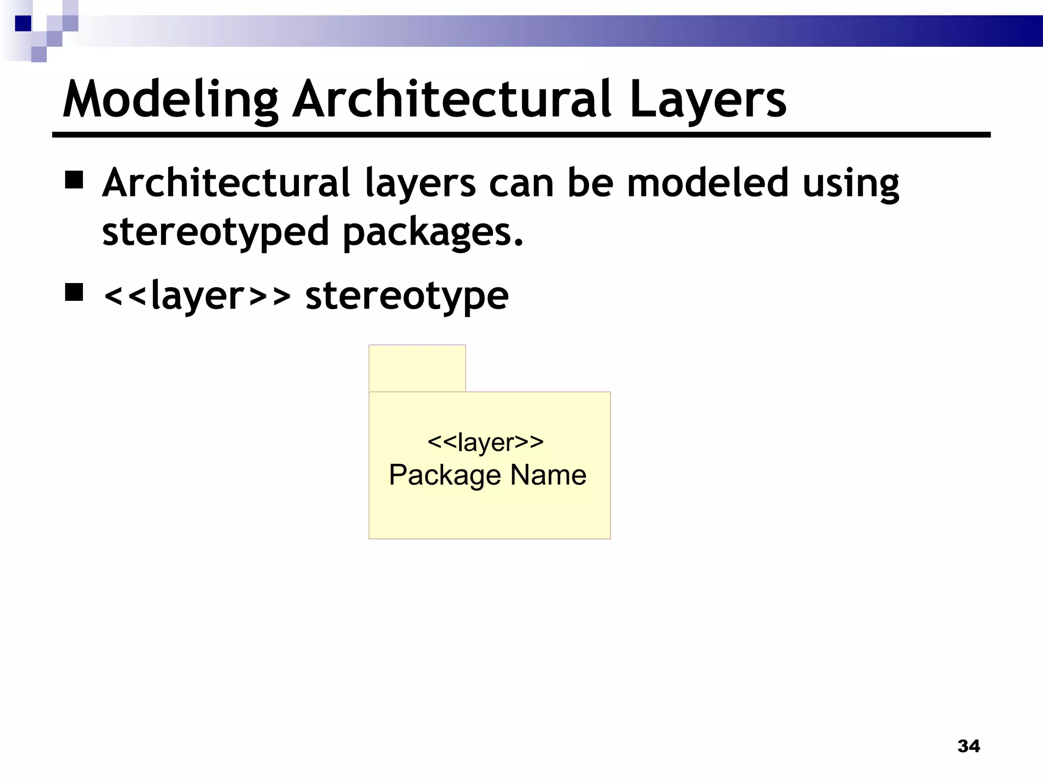 Modeling Architectural Layers Architectural layers can be modeled using stereotyped packages. <<layer>> stereotype Package Name <<layer>> 