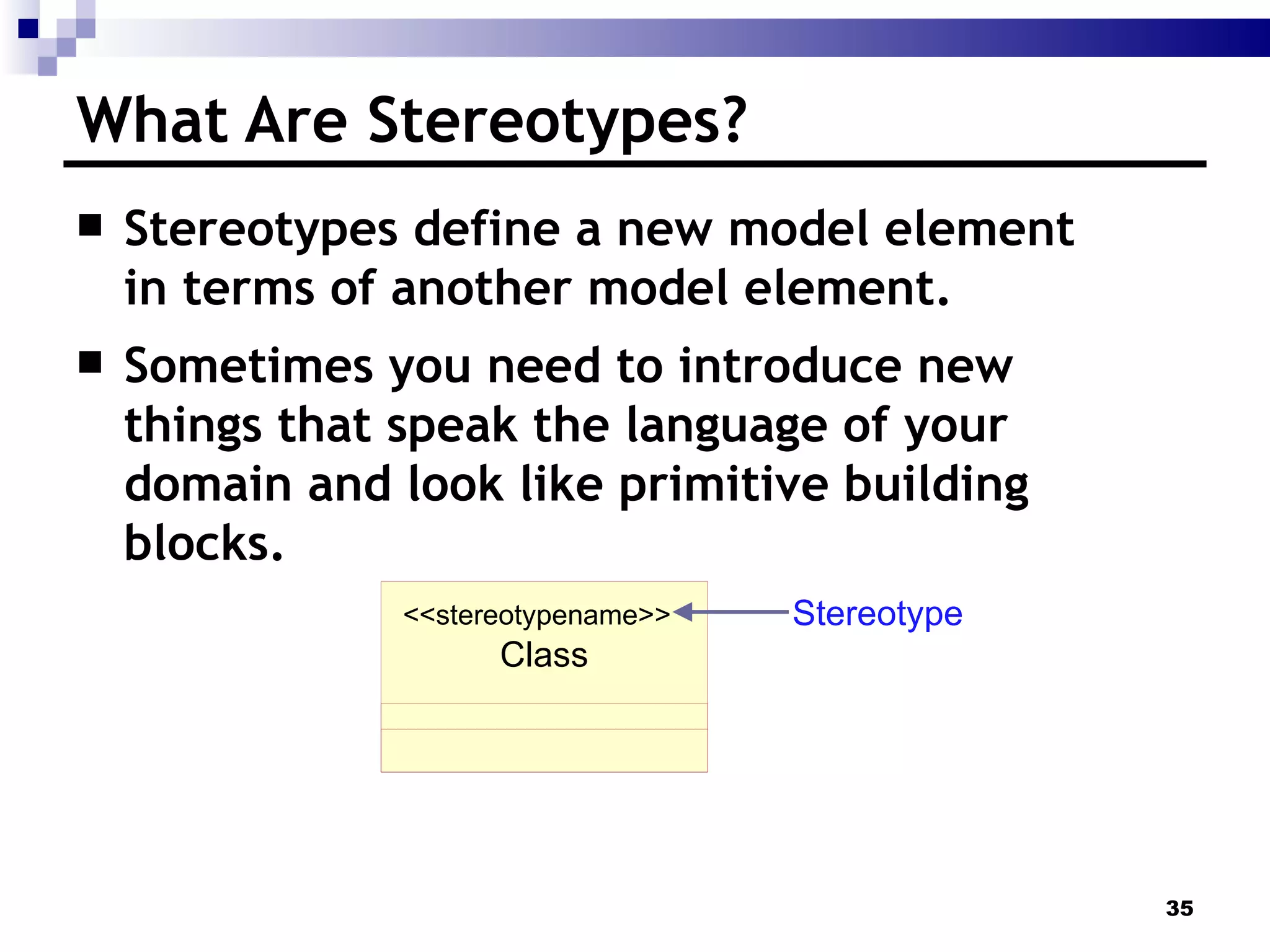 What Are Stereotypes? Stereotypes define a new model element in terms of another model element. Sometimes you need to introduce new things that speak the language of your domain and look like primitive building blocks. Class <<stereotypename>> Stereotype   