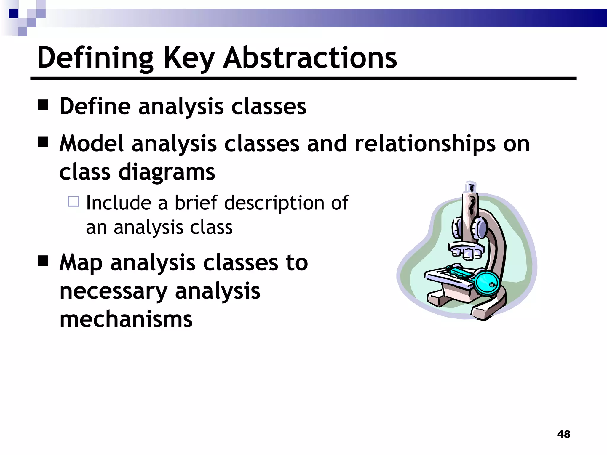 Defining Key Abstractions Define analysis classes Model analysis classes and relationships on class diagrams Include a brief description of  an analysis class Map analysis classes to  necessary analysis  mechanisms 
