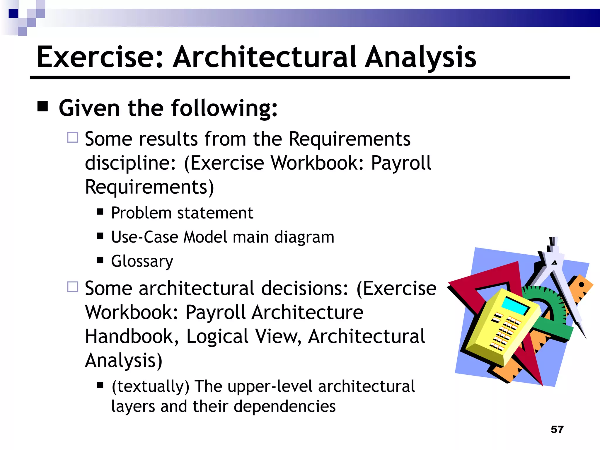 Exercise: Architectural Analysis Given the following: Some results from the Requirements discipline: (Exercise Workbook: Payroll Requirements) Problem statement Use-Case Model main diagram Glossary Some architectural decisions: (Exercise Workbook: Payroll Architecture Handbook, Logical View, Architectural Analysis) (textually) The upper-level architectural layers and their dependencies  