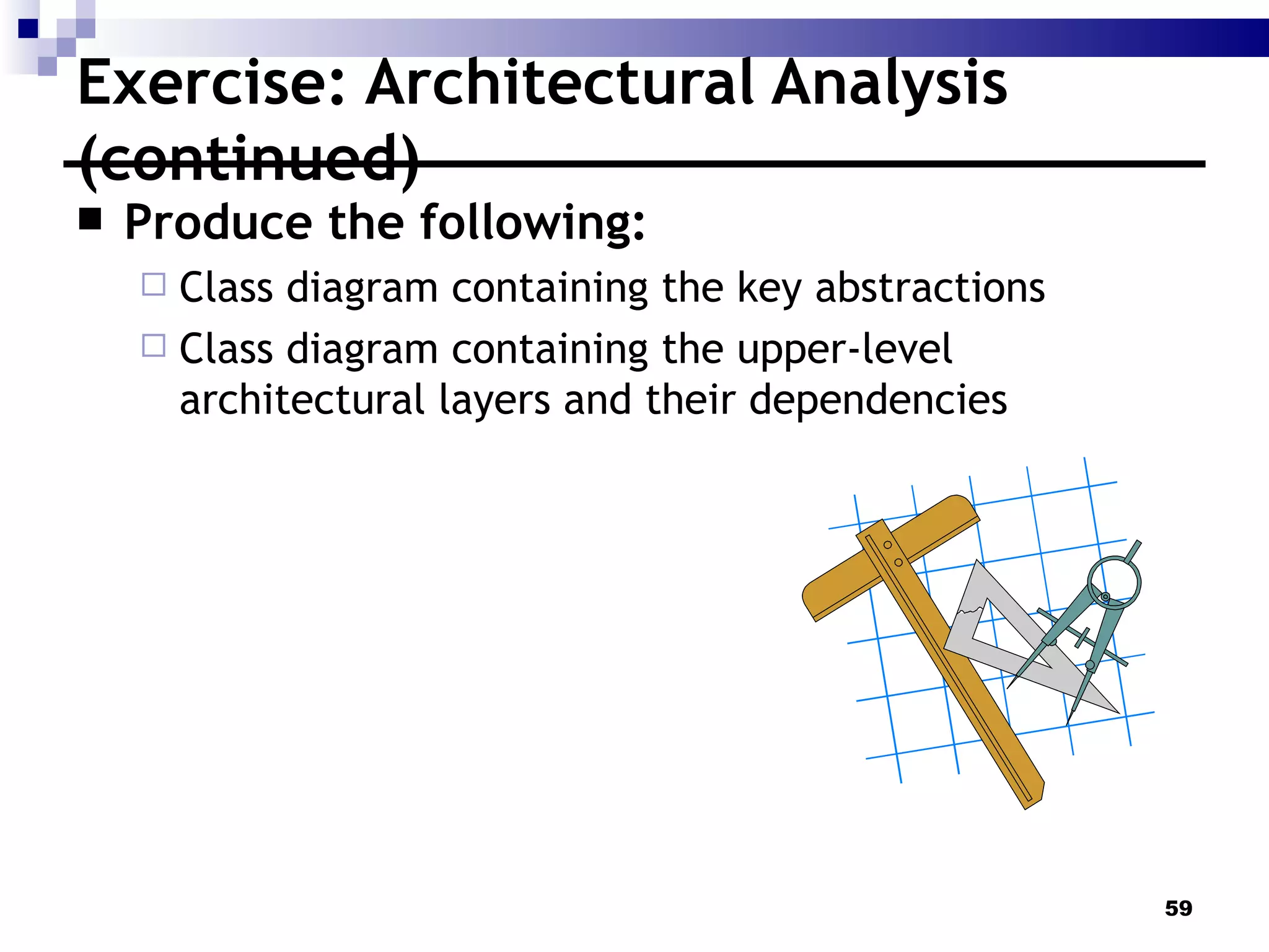 Exercise: Architectural Analysis (continued) Produce the following: Class diagram containing the key abstractions  Class diagram containing the upper-level architectural layers and their dependencies 