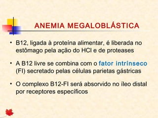ANEMIA MEGALOBLÁSTICA
• B12, ligada à proteína alimentar, é liberada no
estômago pela ação do HCl e de proteases
• A B12 livre se combina com o fator intrínseco
(FI) secretado pelas células parietas gástricas
• O complexo B12-FI será absorvido no íleo distal
por receptores específicos
 