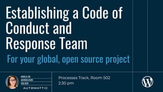 SHE/HER
@ANGELASJIN
ANGELA JIN
Establishing a Code of
Conduct and
Response Team
For your global, open source project
Processes Track, Room 502
2:30 pm
 