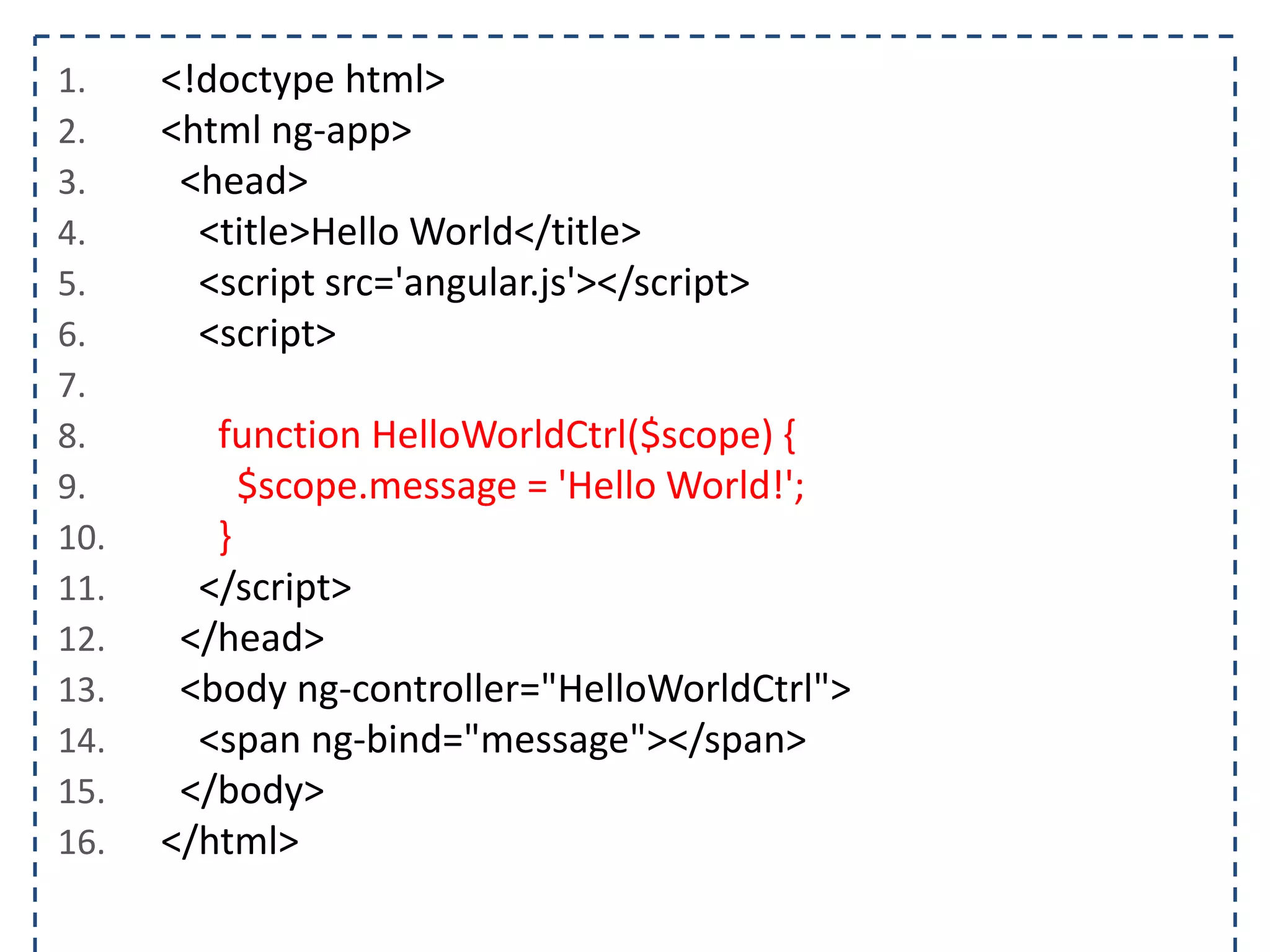 1. <html ng-app="helloWorld">
2. <head>
3. <title>Hello World</title>
4. <script src='angular.js'></script>
5. <script>
6. </script>
7. </head>
8. <body>
9. </body>
10. </html>
 