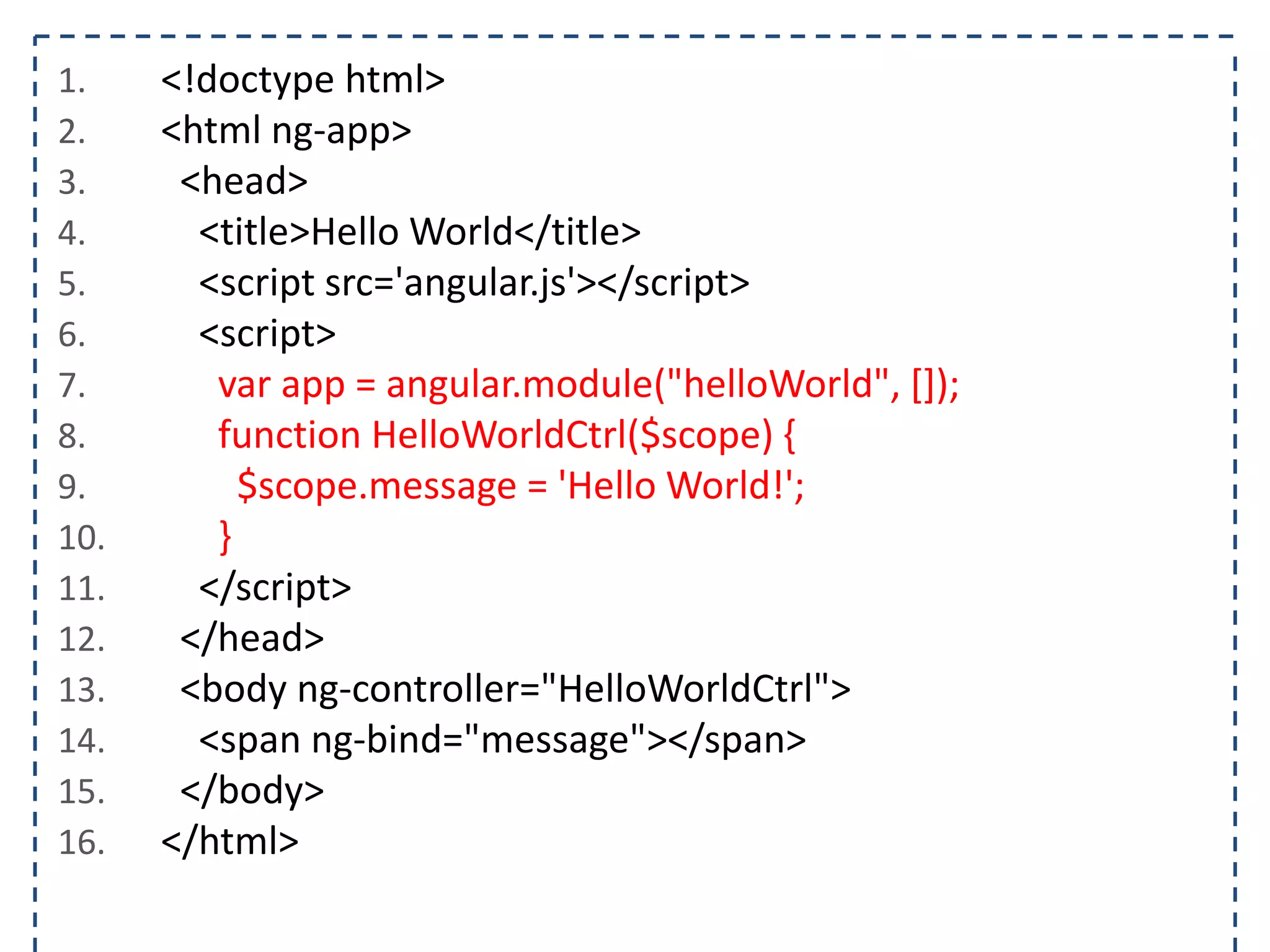 1. <html ng-app="helloWorld">
2. <head>
3. <title>Hello World</title>
4. <script src='angular.js'></script>
5. <script>
6. </script>
7. </head>
8. <body>
9. </body>
10. </html>
 