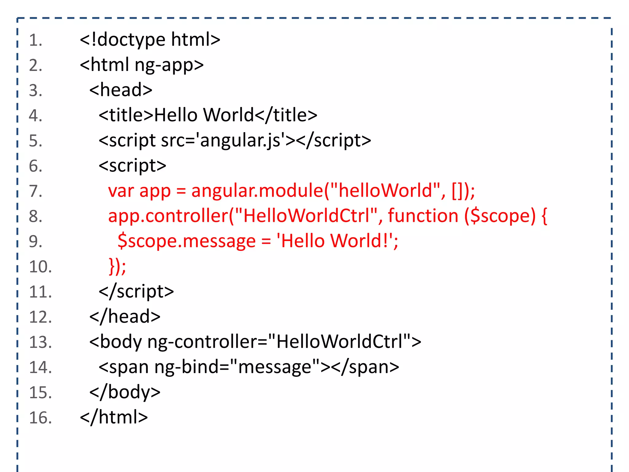 1. <html ng-app="helloWorld">
2. <head>
3. <title>Hello World</title>
4. <script src='angular.js'></script>
5. <script>
6. var app = angular.module("helloWorld", []);
7. </script>
8. </head>
9. <body>
10. </body>
11. </html>
 