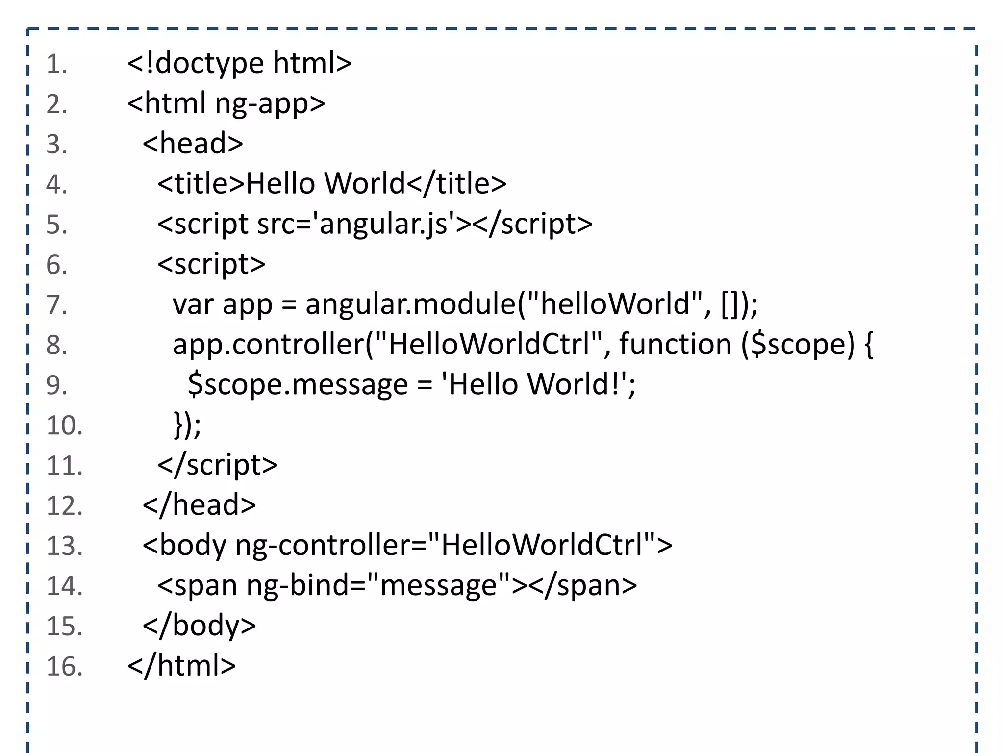 1. <html ng-app="helloWorld">
2. <head>
3. <title>Hello World</title>
4. <script src='angular.js'></script>
5. <script>
6. var app = angular.module("helloWorld", []);
7. </script>
8. </head>
9. <body>
10. </body>
11. </html>
 
