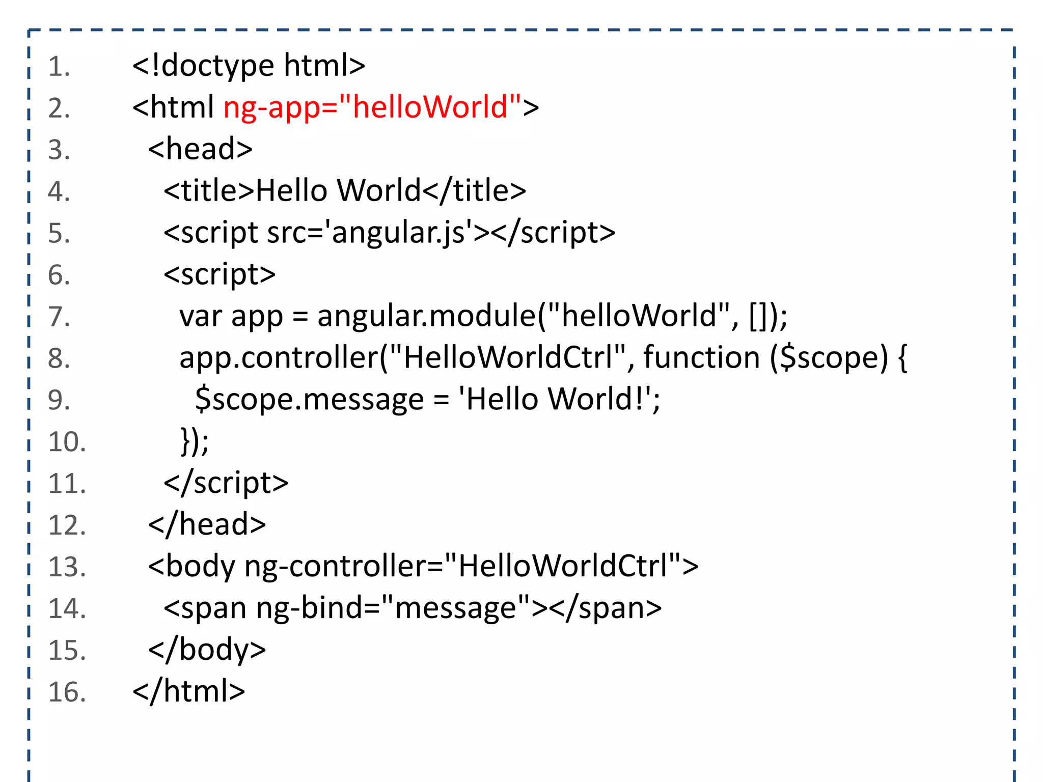 1. <html ng-app="helloWorld">
2. <head>
3. <title>Hello World</title>
4. <script src='angular.js'></script>
5. <script>
6. var app = angular.module("helloWorld", []);
7. app.controller("helloWorldCtrl", function($scope) {
8. });
9. </script>
10. </head>
11. <body>
12. </body>
13. </html>
 