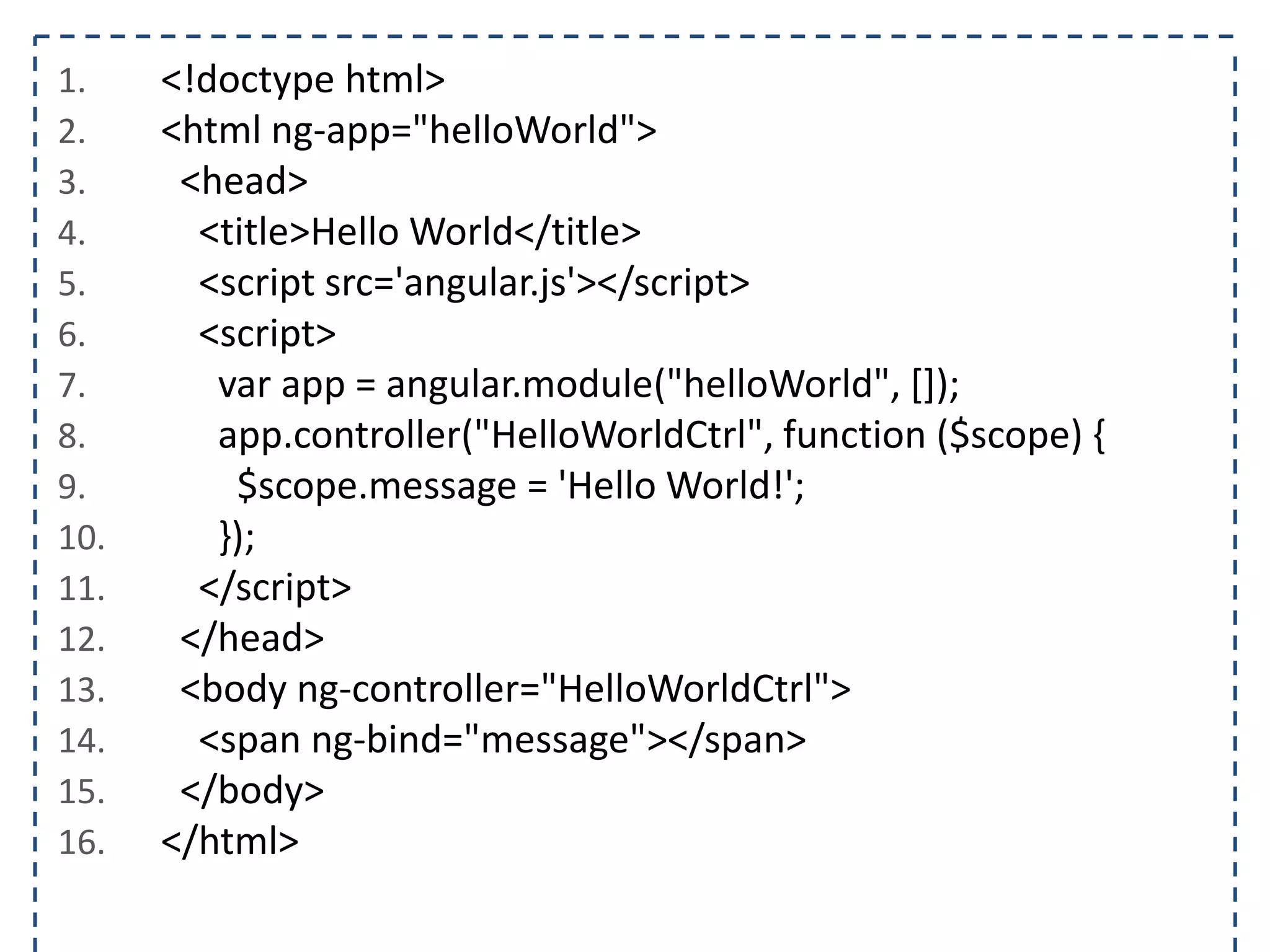 1. <html ng-app="helloWorld">
2. <head>
3. <title>Hello World</title>
4. <script src='angular.js'></script>
5. <script>
6. var app = angular.module("helloWorld", []);
7. app.controller("helloWorldCtrl", function($scope) {
8. $scope.message = "Hello World!";
9. });
10. </script>
11. </head>
12. <body>
13. </body>
14. </html>
 