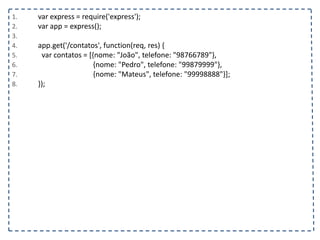 1. var express = require('express');
2. var app = express();
3.
4. app.get('/contatos', function(req, res) {
5. var contatos = [{nome: "João", telefone: "98766789"},
6. {nome: "Pedro", telefone: "99879999"},
7. {nome: "Mateus", telefone: "99998888"}];
8. });
 
