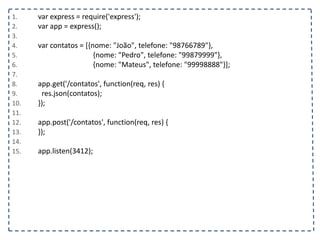 1. var express = require('express');
2. var app = express();
3.
4. var contatos = [{nome: "João", telefone: "98766789"},
5. {nome: "Pedro", telefone: "99879999"},
6. {nome: "Mateus", telefone: "99998888"}];
7.
8. app.get('/contatos', function(req, res) {
9. res.json(contatos);
10. });
11.
12. app.post('/contatos', function(req, res) {
13. });
14.
15. app.listen(3412);
 