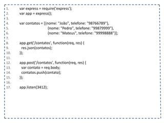 1. var express = require('express');
2. var app = express();
3.
4. var contatos = [{nome: "João", telefone: "98766789"},
5. {nome: "Pedro", telefone: "99879999"},
6. {nome: "Mateus", telefone: "99998888"}];
7.
8. app.get('/contatos', function(req, res) {
9. res.json(contatos);
10. });
11.
12. app.post('/contatos', function(req, res) {
13. var contato = req.body;
14. contatos.push(contato);
15. });
16.
17. app.listen(3412);
 