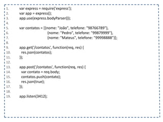 1. var express = require('express');
2. var app = express();
3. app.use(express.bodyParser());
4.
5. var contatos = [{nome: "João", telefone: "98766789"},
6. {nome: "Pedro", telefone: "99879999"},
7. {nome: "Mateus", telefone: "99998888"}];
8.
9. app.get('/contatos', function(req, res) {
10. res.json(contatos);
11. });
12.
13. app.post('/contatos', function(req, res) {
14. var contato = req.body;
15. contatos.push(contato);
16. res.json(true);
17. });
18.
19. app.listen(3412);
 