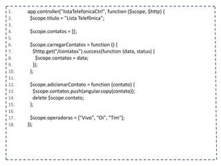 1. app.controller("listaTelefonicaCtrl", function ($scope, $http) {
2. $scope.titulo = "Lista Telefônica";
3.
4. $scope.contatos = [];
5.
6. $scope.carregarContatos = function () {
7. $http.get("/contatos").success(function (data, status) {
8. $scope.contatos = data;
9. });
10. };
11.
12. $scope.adicionarContato = function (contato) {
13. $scope.contatos.push(angular.copy(contato));
14. delete $scope.contato;
15. };
16.
17. $scope.operadoras = ["Vivo", "Oi", "Tim"];
18. });
 