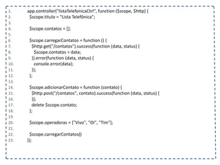 1. app.controller("listaTelefonicaCtrl", function ($scope, $http) {
2. $scope.titulo = "Lista Telefônica";
3.
4. $scope.contatos = [];
5.
6. $scope.carregarContatos = function () {
7. $http.get("/contatos").success(function (data, status) {
8. $scope.contatos = data;
9. }).error(function (data, status) {
10. console.error(data);
11. });
12. };
13.
14. $scope.adicionarContato = function (contato) {
15. $http.post("/contatos", contato).success(function (data, status) {
16. });
17. delete $scope.contato;
18. };
19.
20. $scope.operadoras = ["Vivo", "Oi", "Tim"];
21.
22. $scope.carregarContatos()
23. });
 