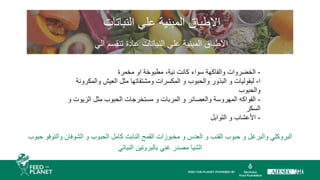 ‫النباتات‬ ‫علي‬ ‫المبنية‬ ‫االطباق‬
‫الي‬ ‫تنقسم‬ ‫عادة‬ ‫النباتات‬ ‫علي‬ ‫المبنية‬ ‫االطباق‬
-
‫مخمرة‬ ‫او‬ ‫مطبوخة‬ ،‫نية‬ ‫كانت‬ ‫سواء‬ ‫والفاكهة‬ ‫الخضروات‬
‫ا‬
-
‫والمكرونة‬ ‫العيش‬ ‫مثل‬ ‫ومشتقاتها‬ ‫المكسرات‬ ‫و‬ ‫والحبوب‬ ‫البذور‬ ‫و‬ ‫لبقوليات‬
‫والحبوب‬
-
‫و‬ ‫الزيوت‬ ‫مثل‬ ‫الحبوب‬ ‫مستخرجات‬ ‫و‬ ‫المربات‬ ‫و‬ ‫والعصائر‬ ‫المهروسة‬ ‫الفواكه‬
‫السكر‬
-
‫التوابل‬ ‫و‬ ‫األعشاب‬
‫حبوب‬ ‫والتوفو‬ ‫الشوفان‬ ‫و‬ ‫الحبوب‬ ‫كامل‬ ‫النابت‬ ‫القمح‬ ‫مخبوزات‬ ‫و‬ ‫العدس‬ ‫و‬ ‫القنب‬ ‫حبوب‬ ‫و‬ ‫والبرغل‬ ‫البروكلي‬
‫الشيا‬
‫النباتي‬ ‫بالبروتين‬ ‫غني‬ ‫مصدر‬
 