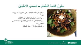 ‫الطعام‬ ‫قائمة‬ ‫حلول‬
–
‫االطباق‬ ‫تصميم‬
-
‫اللحوم‬ ‫علي‬ ‫المعتمدة‬ ‫الوصفات‬ ‫تقليل‬
"
‫خضروات‬
‫اكثر‬
"
-
‫االطباق‬ ‫في‬ ‫النباتية‬ ‫المنتجات‬ ‫دور‬ ‫ابراز‬
-
‫علي‬ ‫المعتمدة‬ ‫االطباق‬ ‫تحضير‬ ‫عند‬ ‫االبتكار‬ ‫زيادة‬
‫الخضروات‬
-
‫المحلية‬ ‫الزراعات‬ ‫علي‬ ‫االعتماد‬
 