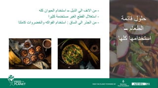 ‫قائمة‬ ‫حلول‬
‫الطعام‬
–
‫كلها‬ ‫استخدامها‬
-
‫الذيل‬ ‫الي‬ ‫االنف‬ ‫من‬
–
‫كله‬ ‫الحيوان‬ ‫استخدام‬
-
‫كثيرا‬ ‫مستخدمة‬ ‫الغير‬ ‫القطع‬ ‫استغالل‬
-
‫الساق‬ ‫الي‬ ‫الجذر‬ ‫من‬
:
‫كاملتا‬ ‫والخضروات‬ ‫الفواكه‬ ‫استخدام‬
 