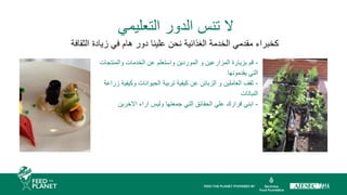 -
‫والمنتجات‬ ‫الخدمات‬ ‫عن‬ ‫واستعلم‬ ‫الموردين‬ ‫و‬ ‫المزارعين‬ ‫بزيارة‬ ‫قم‬
‫يقدمونها‬ ‫التي‬
-
‫زر‬ ‫وكيفية‬ ‫الحيوانات‬ ‫تربية‬ ‫كيفية‬ ‫عن‬ ‫الزبائن‬ ‫و‬ ‫العاملين‬ ‫ثقف‬
‫اعة‬
‫النباتات‬
-
‫االخرين‬ ‫اراء‬ ‫وليس‬ ‫جمعتها‬ ‫التي‬ ‫الحقائق‬ ‫علي‬ ‫قرارك‬ ‫ابني‬
‫التعليمي‬ ‫الدور‬ ‫تنس‬ ‫ال‬
‫الثقافة‬ ‫زيادة‬ ‫في‬ ‫هام‬ ‫دور‬ ‫علينا‬ ‫نحن‬ ‫الغذائية‬ ‫الخدمة‬ ‫مقدمي‬ ‫كخبراء‬
 