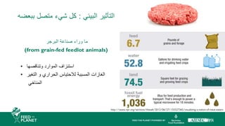 ‫البيئي‬ ‫التأثير‬
:
‫ببعض‬ ‫متصل‬ ‫شيء‬ ‫كل‬
‫ه‬
‫البرجر‬ ‫صناعة‬ ‫وراء‬ ‫ما‬
(from grain-fed feedlot animals)
• ‫وتناقصها‬ ‫الموارد‬ ‫استنزاف‬
• ‫التغير‬ ‫و‬ ‫الحراري‬ ‫لالحتباس‬ ‫المسببة‬ ‫الغازات‬
‫المناخي‬
http://www.npr.org/sections/thesalt/2012/06/27/155527365/visualizing-a-nation-of-meat-eaters
 