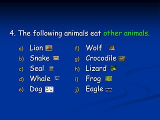 4. The following animals eat other animals.

  a)   Lion         f)   Wolf
  b)   Snake        g)   Crocodile
  c)   Seal         h)   Lizard
  d)   Whale        i)   Frog
  e)   Dog          j)   Eagle
 
