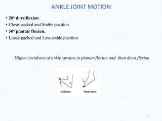 ANKLE JOINT MOTION
• 20o dorsiflexion
• Close-packed and Stable position
• 50o plantar flexion.
• Loose packed and Less stable position
Higher incidence of ankle sprains in plantar flexion and than dorsi flexion
12
 