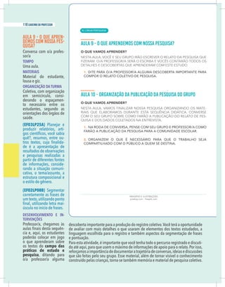 22 caderno do professor
AULA 9 - O QUE APREN-
DEMOS COM NOSSA PES-
QUISA?
-
sor/a
TEMPO
Uma aula.
MATERIAIS
Material do estudante,
lousa e giz.
ORGANIZAÇÃO DA TURMA
Coletiva, com organização
em semicírculo, consi-
derando o espaçamen-
to necessário entre os
estudantes, segundo as
orientações dos órgãos de
saúde.
(EF03LP25A) Planejar e
produzir relatórios, arti-
quê?, resumos, entre ou-
-
resultados de observações
e pesquisas realizadas a
-
rando a situação comuni-
cativa, o tema/assunto, a
estrutura composicional e
o estilo do gênero.
(EF02LP08B) Segmentar
um texto,utilizando ponto
-
DESENVOLVIMENTO E IN-
TERVENÇÕES
-
cia e, aqui, os estudantes
poderão colocar em jogo
o que aprenderam sobre
os textos do campo das
práticas de estudo e
pesquisa, ditando para
descoberta importante para a produção do registro coletivo.Você terá a oportunidade
de avaliar com mais detalhes o que usaram de elementos dos textos estudados, a
e pontuação.
-
| LÍNGUA PORTUGUESA
118 caderno do professor
78
22 caderno do professor
AULA 9 - O QUE APREN-
DEMOS COM NOSSA PES-
QUISA?
-
sor/a
TEMPO
Uma aula.
MATERIAIS
Material do estudante,
lousa e giz.
ORGANIZAÇÃO DA TURMA
Coletiva, com organização
em semicírculo, consi-
derando o espaçamen-
to necessário entre os
estudantes, segundo as
orientações dos órgãos de
saúde.
(EF03LP25A) Planejar e
produzir relatórios, arti-
quê?, resumos, entre ou-
-
resultados de observações
e pesquisas realizadas a
-
rando a situação comuni-
cativa, o tema/assunto, a
estrutura composicional e
o estilo do gênero.
(EF02LP08B) Segmentar
um texto,utilizando ponto
-
DESENVOLVIMENTO E IN-
TERVENÇÕES
-
cia e, aqui, os estudantes
poderão colocar em jogo
o que aprenderam sobre
os textos do campo das
práticas de estudo e
pesquisa, ditando para
descoberta importante para a produção do registro coletivo.Você terá a oportunidade
de avaliar com mais detalhes o que usaram de elementos dos textos estudados, a
e pontuação.
 